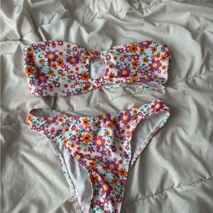 White Floral Bandeau Bikini Set with Pink & Orange Flowers